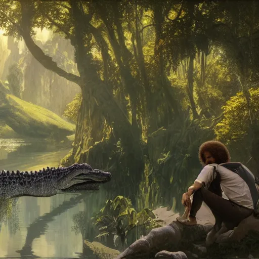 Image similar to an ultra detailed matte painting bob ross being friends with alligator loki, fantasy concept art by alphonse mucha and greg rutkowski, octane render, 8 k, detailed face