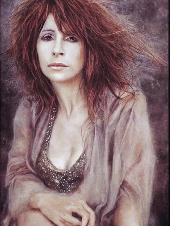 Image similar to portrait of a beautiful mylene farmer, 1 9 9 5 - 2 0 0 5, highly detailed, detailed face, smooth, sharp focus, fog, hd, pastel color