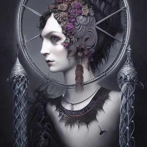 Image similar to tom bagshaw, soft painting fractal curiosities carnival, very beautiful female rabbit hybrid in full ornated nightshade gothic dress, partial symmetry accurate features, focus, very intricate ultrafine details, black white purple volumetric clouds, award winning masterpiece, octane render 8 k hd