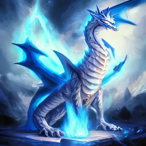 Image similar to a blue eye white dragon, yu - gi - oh card game art, battlefield background, bright art masterpiece artstation. 8 k, sharp high quality artwork in style of jose daniel cabrera pena and greg rutkowski, concept art by tooth wu, blizzard warcraft artwork, hearthstone card game artwork, yugioh artwork