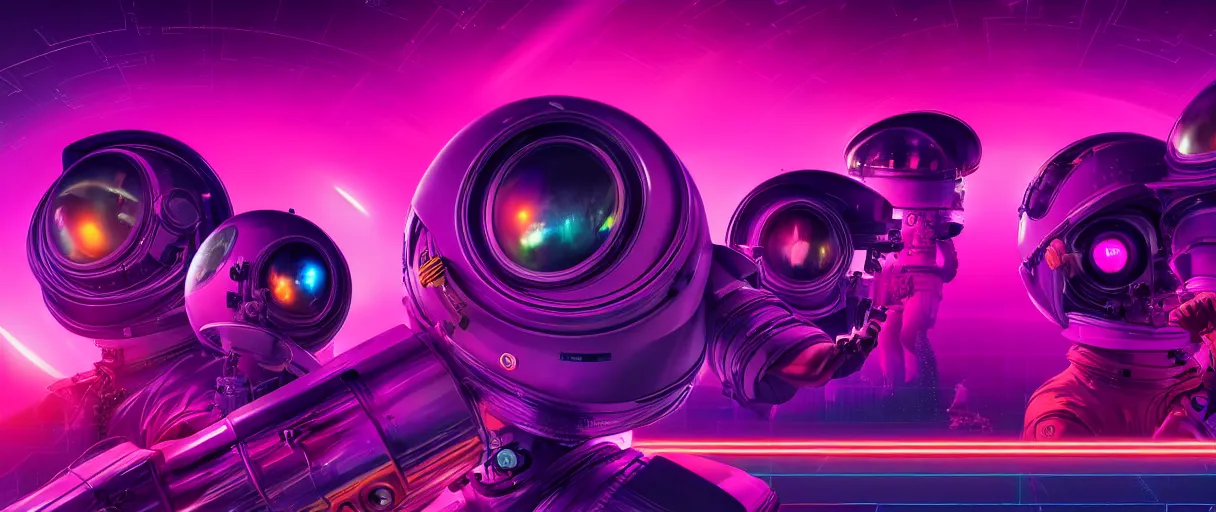 Prompt: hyper detailed 2060s neo-surreal neon purple and red propaganda poster of space workers sharp cinematic lighting 8k wide angle shallow depth of field