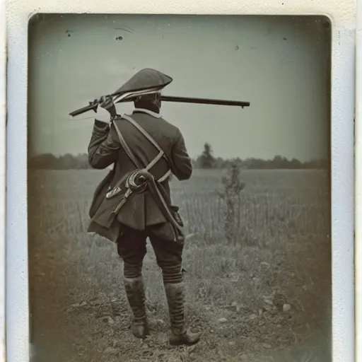 Image similar to Man aiming a musket, wearing World War 1 Stahlhelm, postapocalyptic, old polaroid photo