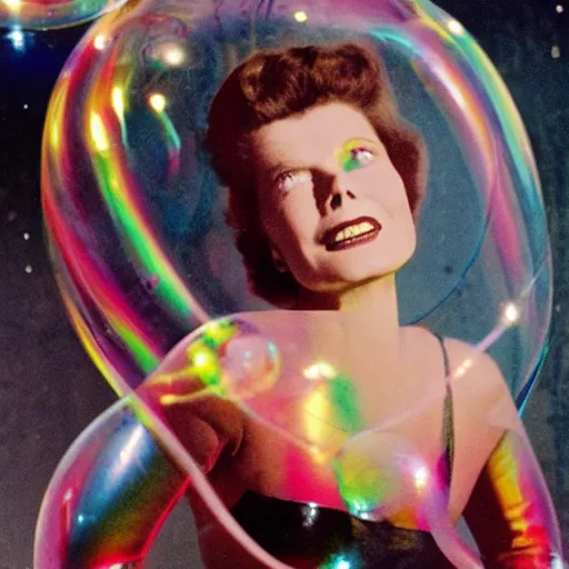 Prompt: twenty - seven year old katherine hepburn in a bubble bath of glowing iridescent reflective bubbles, wearing a red and black striped bikini, in a futuristic bathtub rocket to the stars overflowing with bubbles, bubbles in the air, raytracing, eating chocolate covered cherries rocket trail of bubbles in the sky golden hour, by chessley bonestell