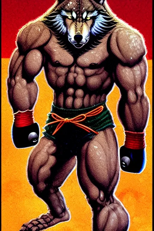 Image similar to extreme long shot. 8 bit nes graphics. antropomorphic muscular masculine wolf. kickboxer fighter, in shorts. wolf head. fine details, art from nes game cartridge, marc simonetti and hermann nitsch