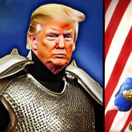 Image similar to donald trump wearing knights armor, donald trump holding one broadsword, by hans holdein, donald trumps highly detailed handsome face, two arms, two legs