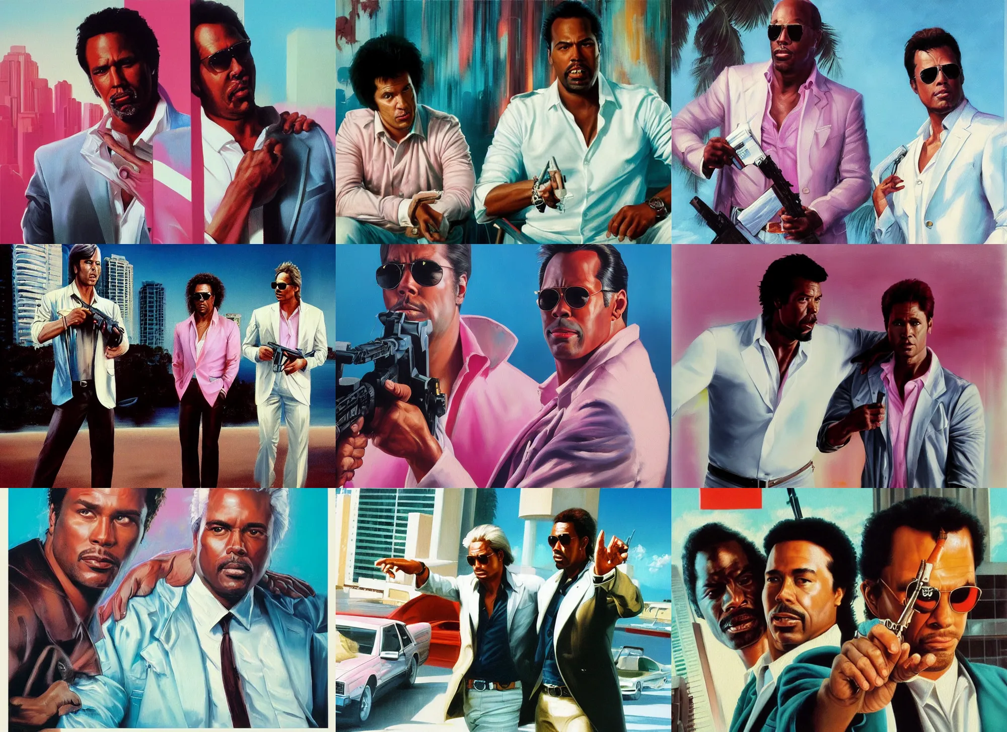 Prompt: an oil painting portrait of crockett and tubbs in eighties miami vice, ultra realistic, highly detailed faces, true to life, masterpiece, cinematic by frank frazetta, greg rutkowski, beeple, yoko taro, christian macnevin, beeple, wlop, krenz cushart, epic character art, volumetric lighting, pink white turquoise