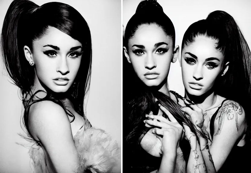 Prompt: award winning photo of Ariana Grande with Megan Fox, symmetrical face by Sally Mann & Arnold Newman