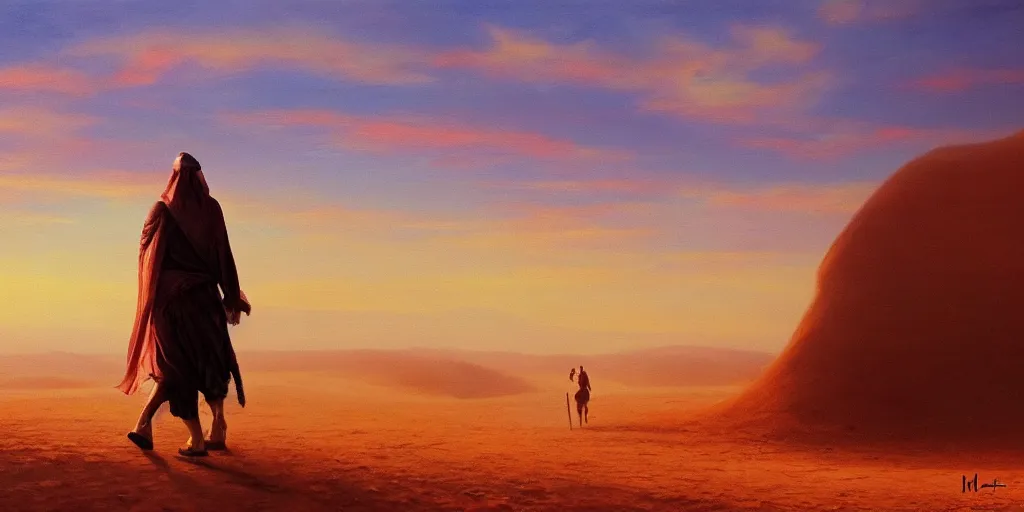 Image similar to an arabian knight walking in the desert alone durning a beautiful sunset on the horizon, oil on canvas, very detailed matte painting,