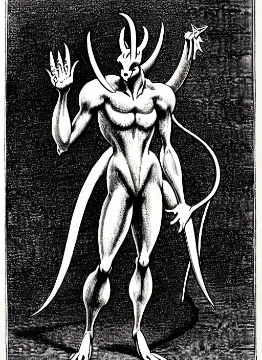 Image similar to illustration of mewtwo as a demon from the dictionarre infernal, etching by louis le breton, 1 8 6 9, 1 2 0 0 dpi scan, ultrasharp detail, clean scan