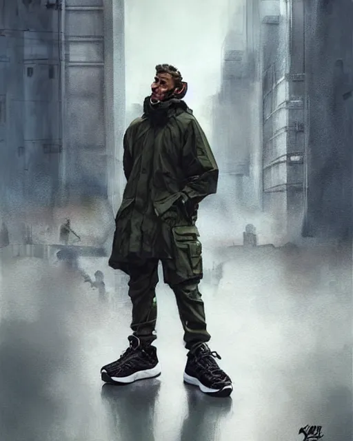 Prompt: battle hardened, overpowering, pragmatic, charismatic character male handsome muscular acg parka and nike acg air mowabb sneakers, portrait, confident, modern cityscape, outdoors, architecture, fog, sunny, volumetric lighting, illustration, perfectly shaded, greenish tinge, cold lights soft painting, art by krenz cushart and wenjun lin