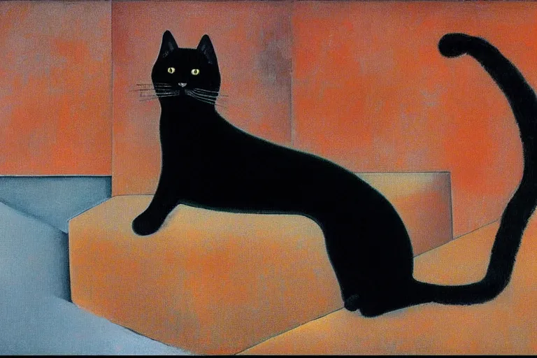 Prompt: black cat on the roof of reality by modigliani, by alex grey, minimal, stunning