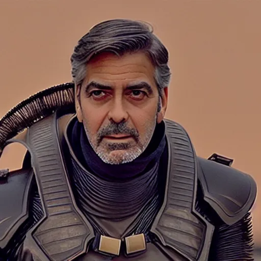 Prompt: george clooney in dune, directed by denis villeneuve, cinestar colour, anamorphic