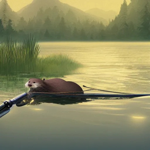 Image similar to painting of Otter in hat with fishing rod, fishing in river on boat near morning forest, stylized, octane render, Ghibli style