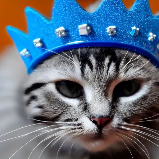 Image similar to toy cat wearing a blue crown , HD , 4k