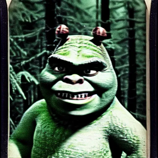 Image similar to 1 9 6 0's old polaroid of monster shrek staring from the depths of the dark gloomy forest, photorealistic, grainy, found footage, old film, low quality, horror, creepy, unsettling, liminal, strangely terrifying