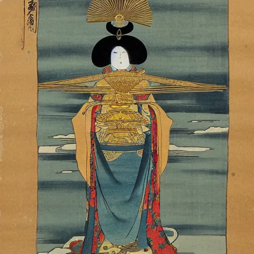 Image similar to a golden deity with the head of the baby harp seal, radiating golden light, wearing royal kimono, Japanese ink drawing from 1700