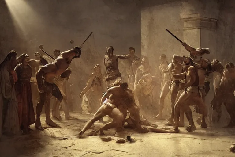 Prompt: Movie scenes of Romans public executions 100 AD, in the style of Greg Rutkowski and Michelangelo and Eugène Delacroix, extremely moody lighting, glowing light and shadow, atmospheric, shadowy, cinematic