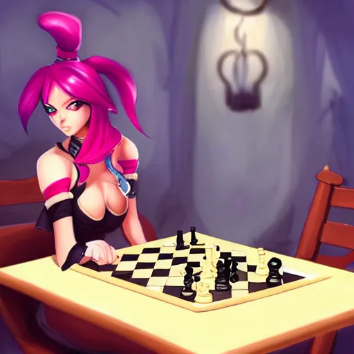 Prompt: Jinx (from league of legends) sitting by a table playing chess, Artgerm, trending