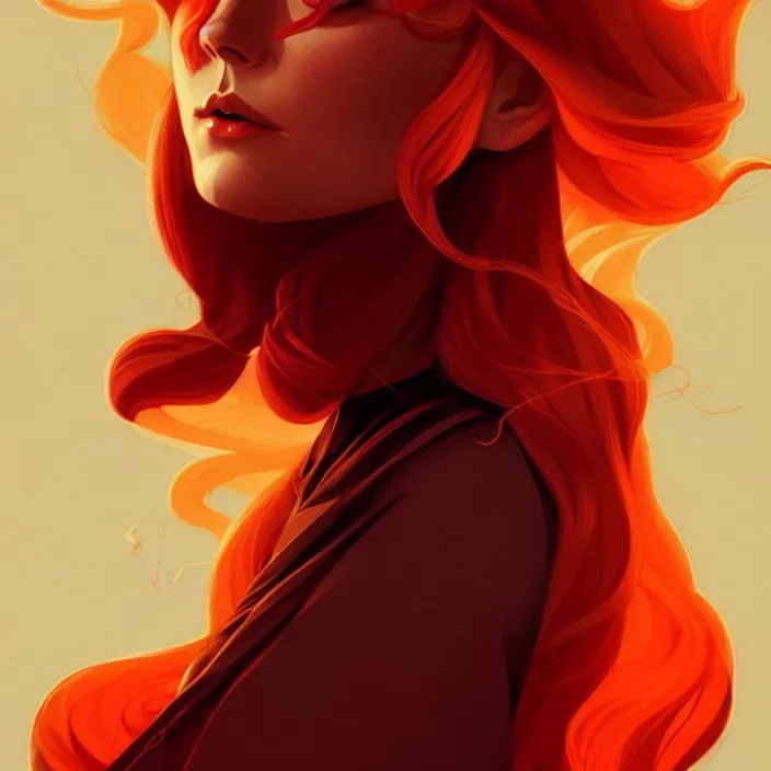 Image similar to style artgerm, joshua middleton, beautiful ( kristen bell ) with dark red dress, very long orange hair, symmetrical face, symmetrical eyes, fire powers fire swirling, detailed, volcano setting, cinematic lighting