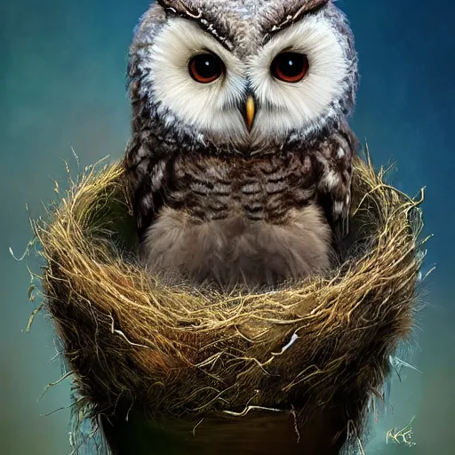 Image similar to long shot of a very fluffy cute owl chick nesting in a cup, esao andrews, by m. w. kaluta, humorous illustration, hyperrealistic, tilt shift, warm colors, night scenery, low light, 3 d octane render, 4 k, volumetric lights, smooth, cosy atmosphere, conceptart, hyperdetailed, trending on deviantart