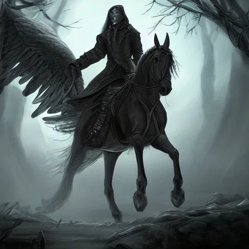 Image similar to headless horseman with wings, concept art, trending on artstation, highly detailed, intricate, sharp focus, digital art, 8 k