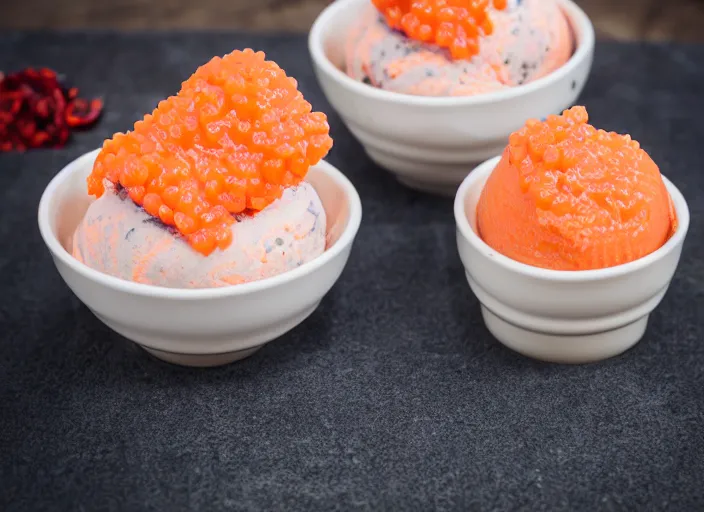 Image similar to dslr food photograph of salmon roe ice cream sundae, 8 5 mm f 1. 8