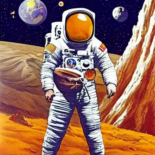 Prompt: A Man in a Spacesuit delivers pizza to a Woman’s home on the Moon, unique, very detailed, retro, sci-fi, pop art