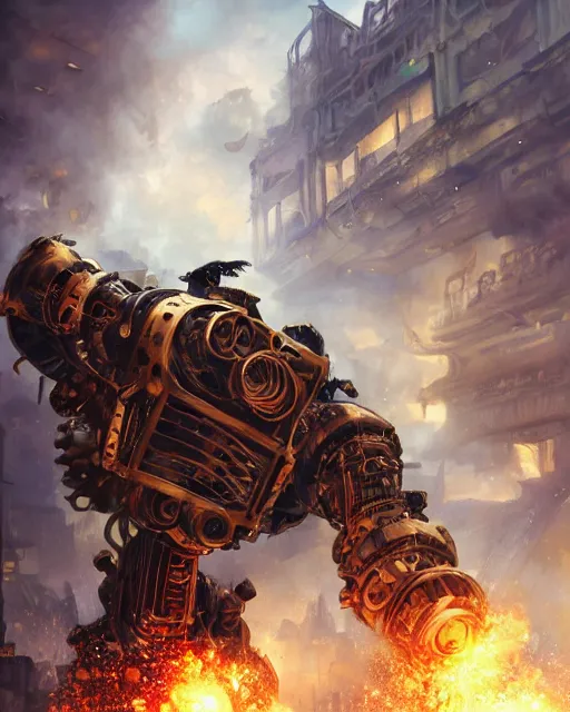 Prompt: oil painting of exploding steampunk city, Gigantic Steampunk Gorilla Robot smashing buildings, sharp focus, full body, heroic pose, fantasy style, octane render, volumetric lighting, 8k high definition, by greg rutkowski, highly detailed, trending on art Station, magic the gathering artwork, centered, dramatic artwork, combat scene