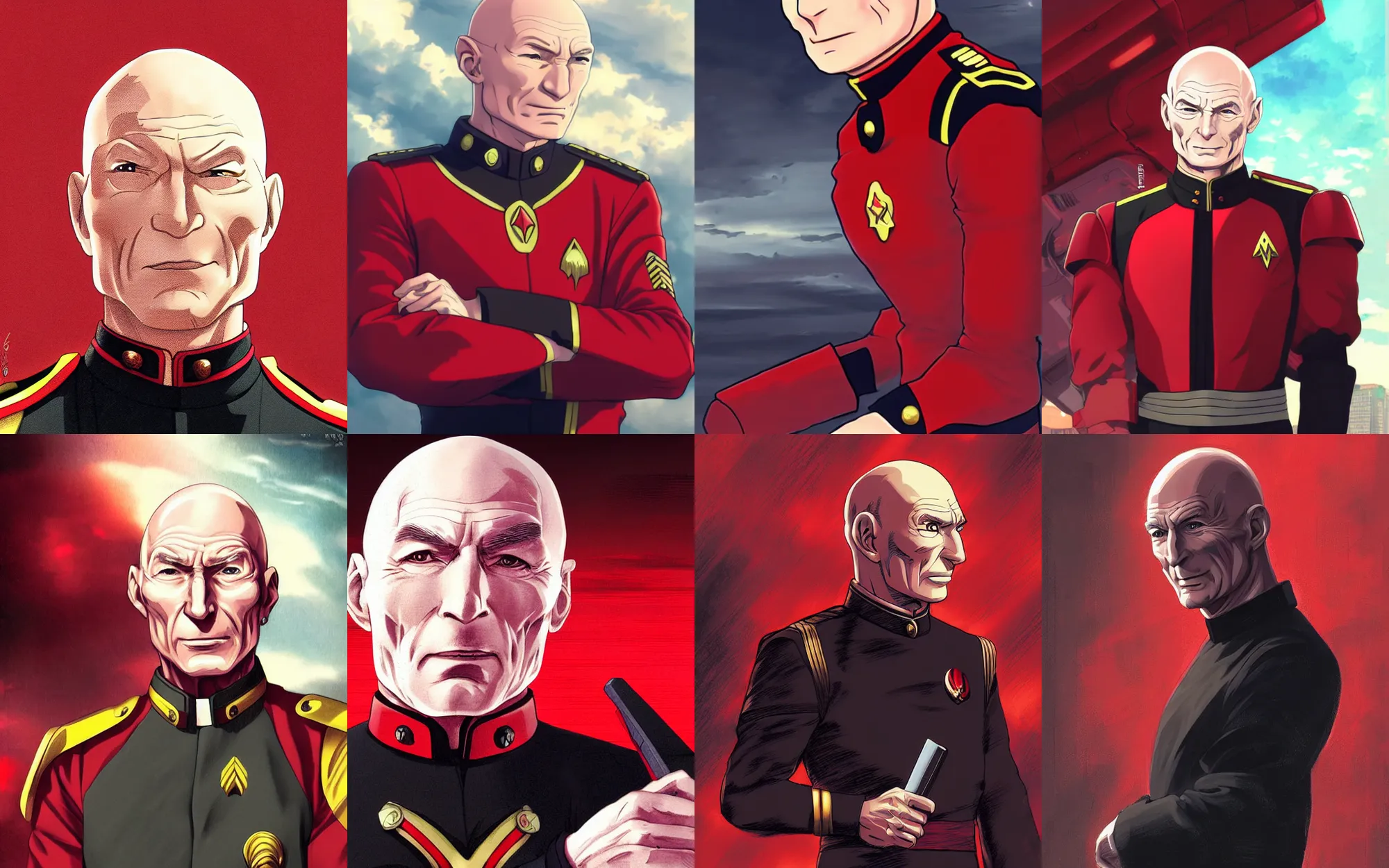 Prompt: Digital anime art by WLOP and Mobius, Closeup of [Captain Picard] wearing a red and black uniform, serious expression, [[empty warehouse]] background, highly detailed, spotlight