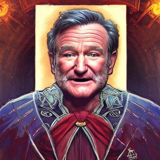 Prompt: robin williams as a sorcerer, in the style of magic the gathering, glacier landscape, d & d, fantasy, intricate, elegant, highly detailed, digital painting, artstation, concept art, matte, sharp focus, illustration, art by artgerm and greg rutkowski and alphonse mucha