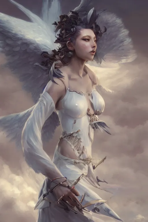 Prompt: beautiful girl warrior in white dress, casting magic spell, angel, magic storm and thunder clouds, fantasy, magic the gathering, hyper detailed, 3 d render, hyper realistic detailed portrait, peter mohrbacher, wlop, ruan jia