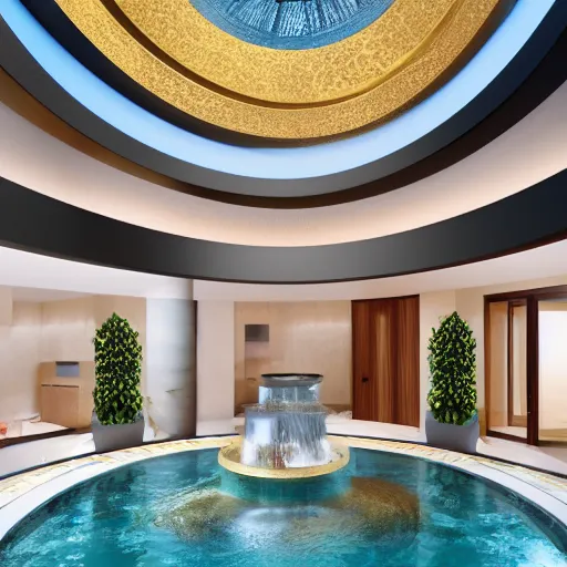 Prompt: interior of a 2 story spa with everything made of gold, candles, wellness pool, intricate detailed roof, contemporary design