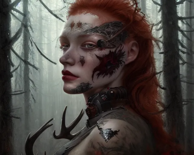 Image similar to 5 5 mm portrait photo of an armored gorgeous aesthetic redhead woman warrior with a face tattoo and antlers growing from her head and cat on her shoulder, in a magical forest. dark atmosphere. art by greg rutkowski. highly detailed 8 k. intricate. lifelike. soft light. nikon d 8 5 0.