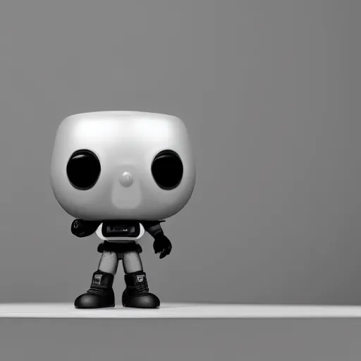 Image similar to a 3d render of technoblade as a funko pop stood Infront of the box, studio lighting, grey background