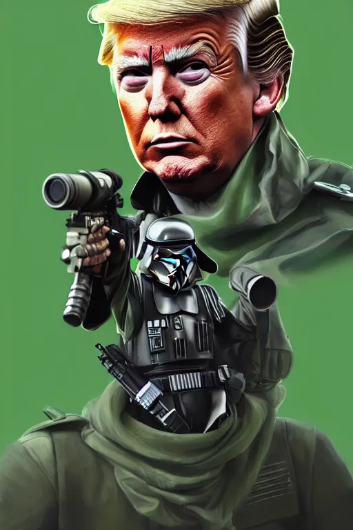 Image similar to Donald Trump as a Rebel Soldier from Star Wars, green camoflauge, realistic portrait, symmetrical, highly detailed, digital painting, artstation, concept art, smooth, sharp focus, cinematic lighting, art by Ralph McQuarry