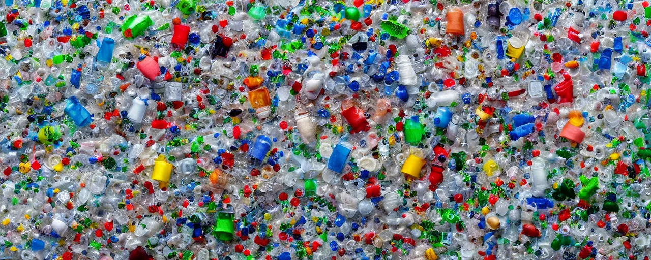 Image similar to a piece of plastiglomerate made from plastic bottles and face masks, photographic,