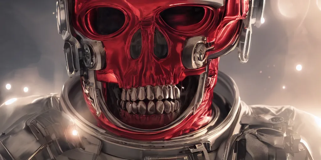 Prompt: ornate red skull in astronaut suit, gold linens, cinematic lighting, dramatic, octane render, long lens, shallow depth of field, bokeh, anamorphic lens flare, 8k, hyper detailed