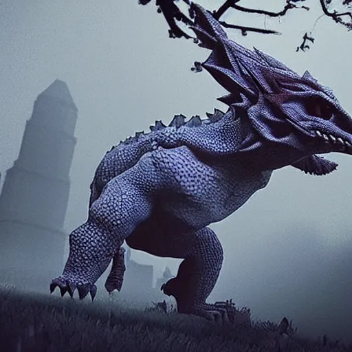 Image similar to real life Pokemon, creepy!!!, scaly!!!, menacing!!!, evil, ultra realistic, morning, fog, volumetric lighting, sharp focus