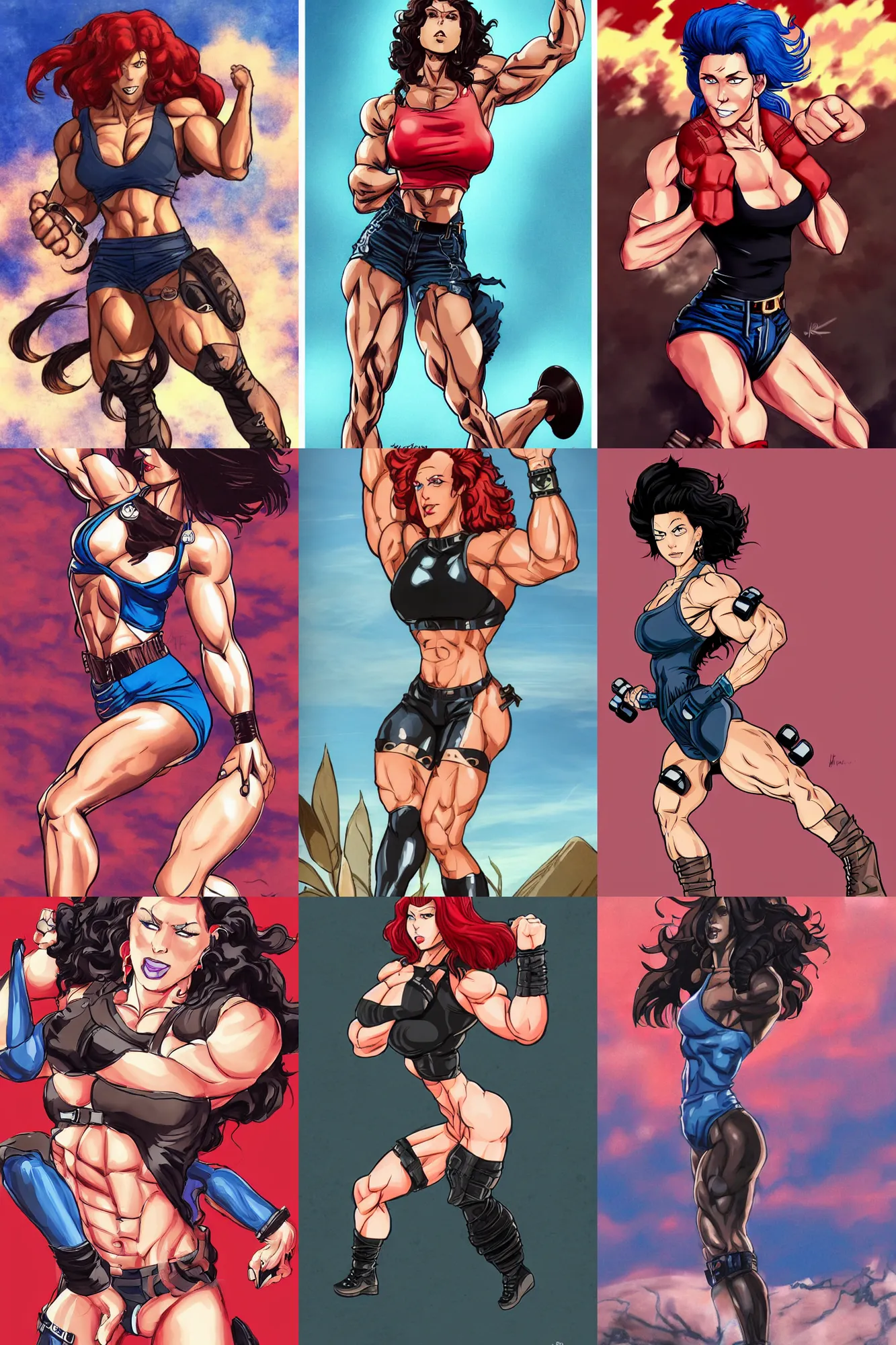 Prompt: a hyper muscular woman, fit woman, bronze skinned, blue eyes, wearing a black cropped tank top, military shorts, black boots, wavy big red hair, 8 0's hairstyle, red lips, action pose, art by dandonfuga, hirohiko araki, illustration, action scene, full body