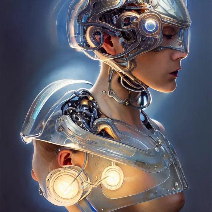 Prompt: liquid cyborg, helmet made of glass, light bursting from mouth, diffuse lighting, fantasy, intricate, elegant, highly detailed, lifelike, photorealistic, digital painting, artstation, illustration, concept art, smooth, sharp focus, art by john collier and albert aublet and krenz cushart and artem demura and alphonse mucha