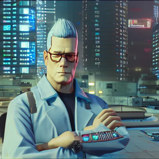 Image similar to Hank Hill, cyberpunk, vaporware, very detailed, unreal engine, trending on artstation