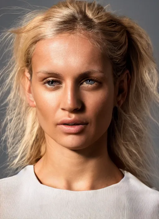 Image similar to photograph of an olive skinned blonde female model in her late twenties, her hair pinned up, wearing a designer top, looking content, focused on her neck, facing the camera, photo realistic, extreme detail skin, natural beauty, no filter, slr, golden hour, 4 k, high definition, selfie