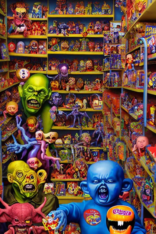 Image similar to a hyperrealistic painting of a toy store full of evil possessed toys retail horror, cinematic horror by chris cunningham, lisa frank, richard corben, highly detailed, vivid color,