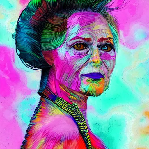Prompt: A beautiful portrait of a woman cult leader, frontal, digital art, vibrant color scheme, highly detailed, in the style of Watercolor expressionist