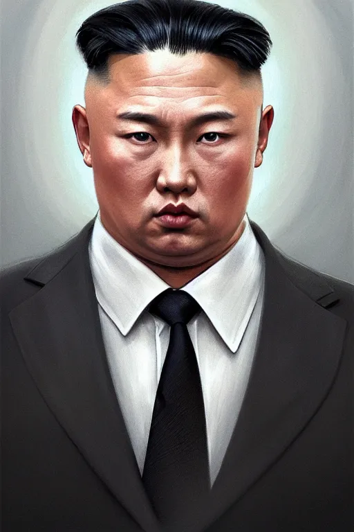 Image similar to vladimir putin with kim jong un hairstyle, realistic portrait, symmetrical, highly detailed, digital painting, artstation, concept art, smooth, sharp focus, illustration, cinematic lighting, art by artgerm and greg rutkowski and alphonse mucha