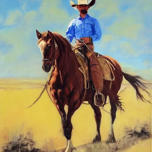 Prompt: a painting of a cowboy on horseback by mark maggiori