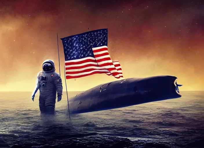 Image similar to astronaut holding a flag in an underwater desert. a submarine is visible in the distance. dark, concept art, cinematic, dramatic, atmospheric, 8 k, trending on artstation, blue, fish, low visibility, fog, ocean floor, christopher nolan, interstellar