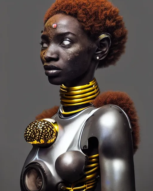 Image similar to beautiful afrofuturistic himba woman holding her helmet, otjize, led detailed spacesuit, himba hairstyle, robotic arms, hyperrealistic, scifi, retouched photograph, dark, muted colors