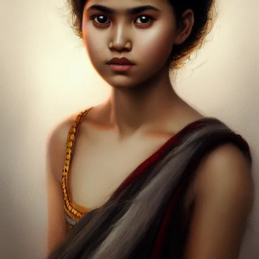 Prompt: beautiful young assamese bihu girl portrait by artgerm and tom bagshaw ; trending on artstation ; award winning, cinematic natural dramatic lighting, studio photography