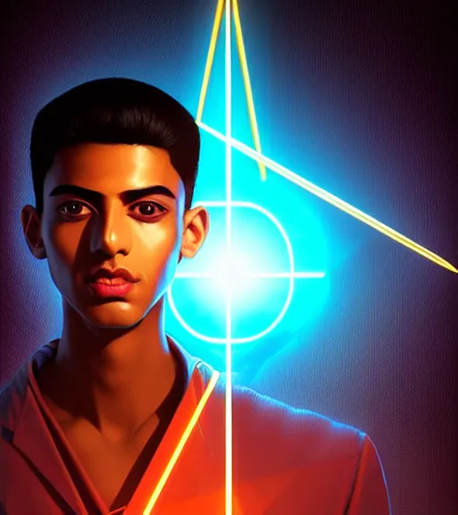 Image similar to symmetry!! egyptian boy prince of technology, solid cube of light, hard edges, product render retro - futuristic poster scifi, lasers and neon circuits, brown skin boy egyptian boy prince, intricate, elegant, highly detailed, digital painting, artstation, concept art, smooth, sharp focus, illustration, dreamlike, art by artgerm